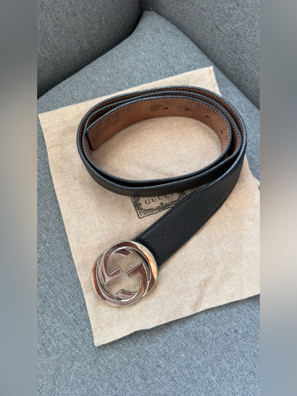Gucci Black Guccissima Interlocking GG Leather Belt Women Dust Bag